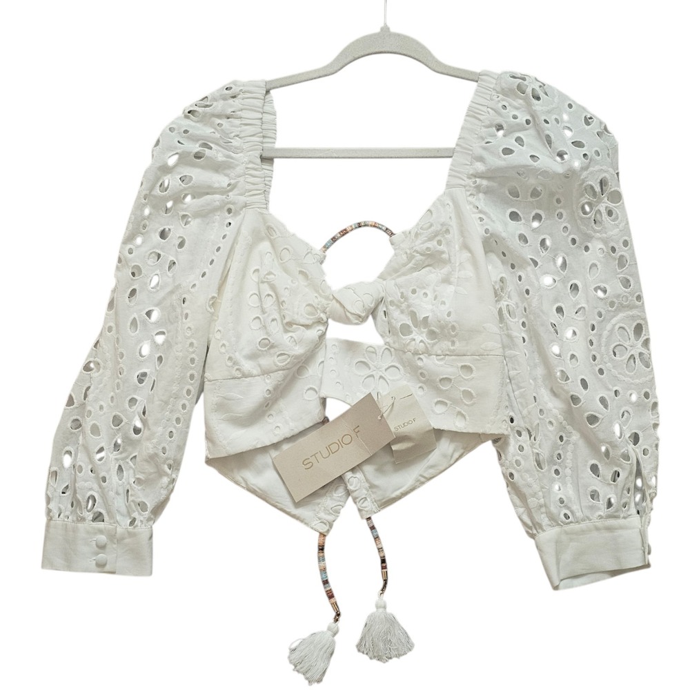Studio F White Crop Top Tie Back Eyelet Cutouts Lace Size Large 100% Cotton